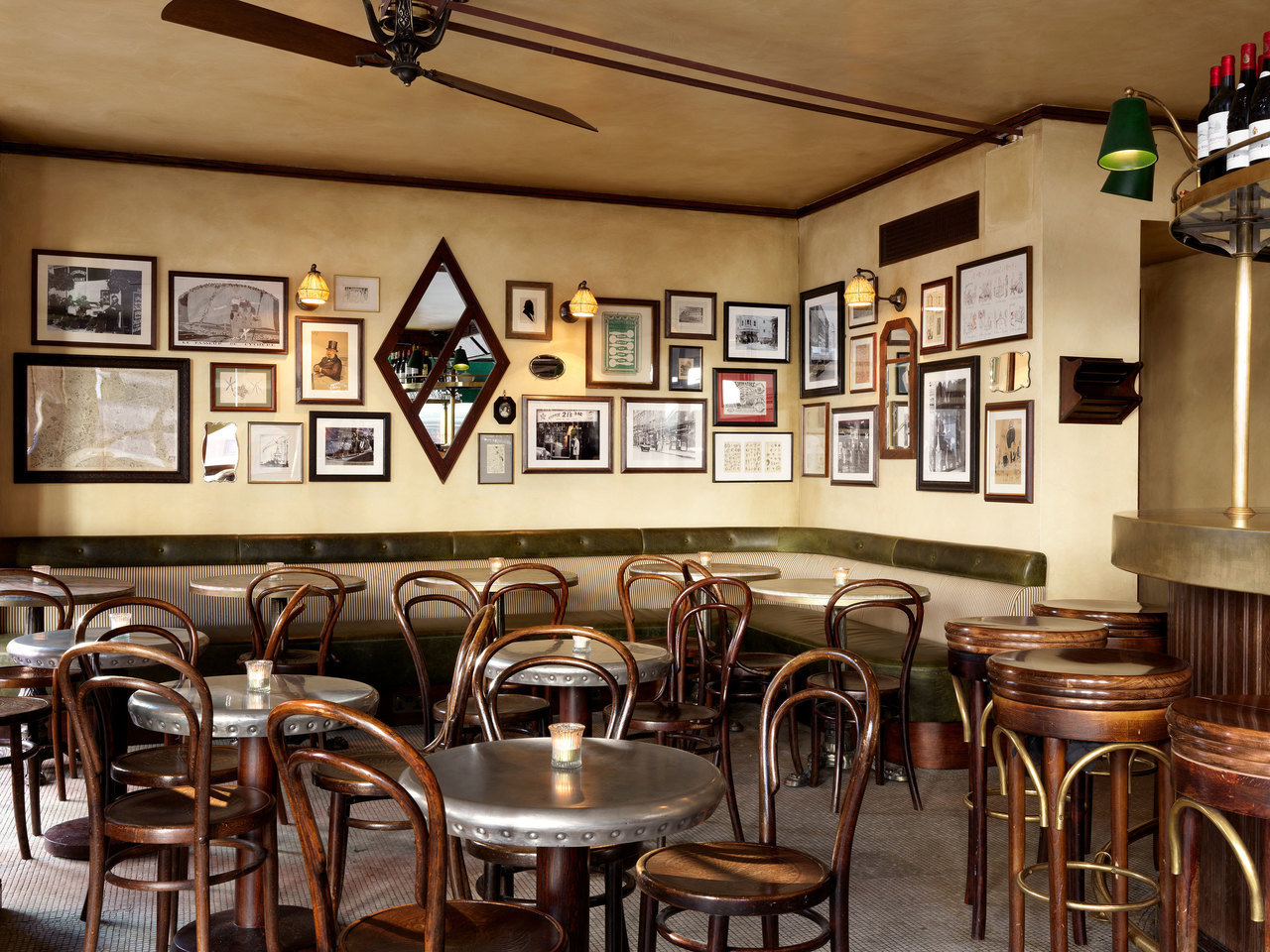 Traditional French tables, chairs and artwork