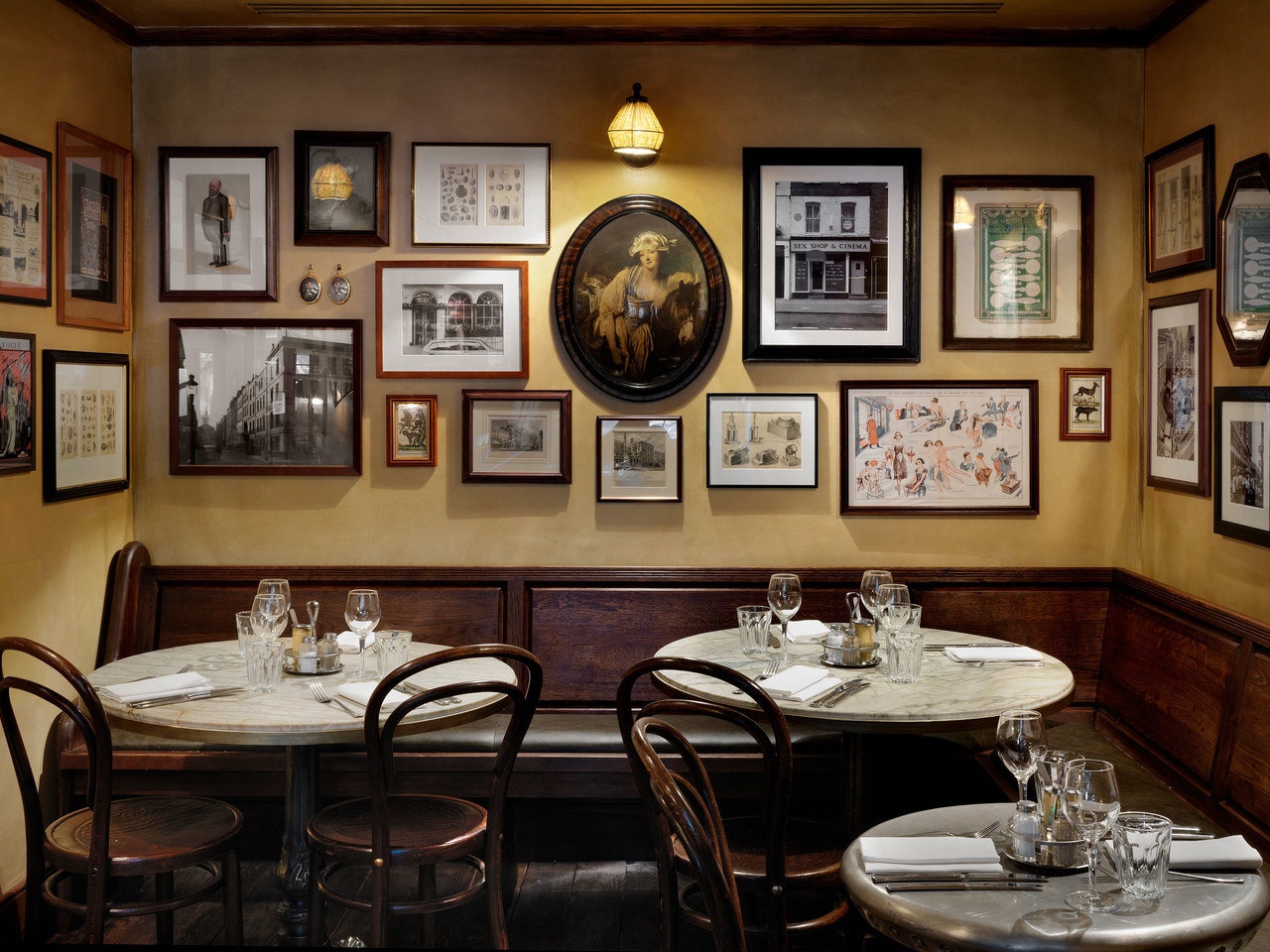 Wooden seating and contemporary French artwork